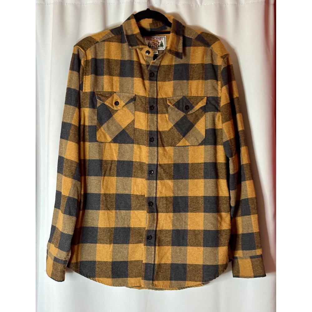 Free Planet Mens Buffalo Plaid Flannel Shirt Mustard Yellow Black Large L